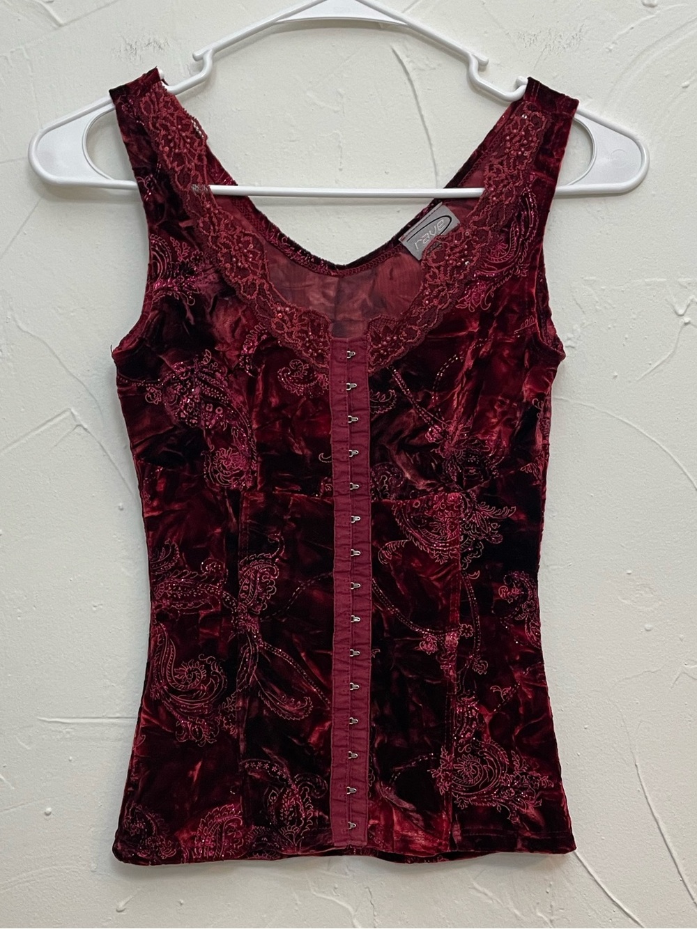Vintage Y2K rave Velvet Lace-Trim Corset Camisole Burgundy Whimsigoth Boho Small